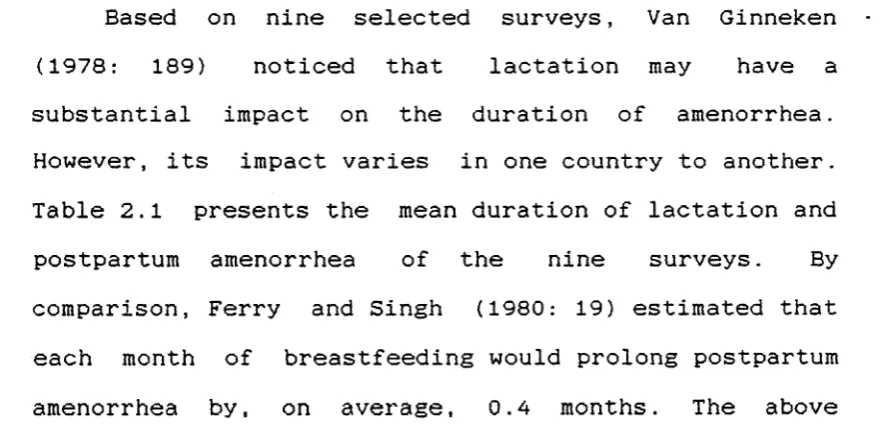 Table 2.1 presents the mean duration of lactation and 