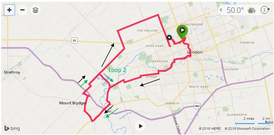 Figure 1. Long duration exercise cycle route. Black arrows indicate direction of the route and Green arrows indicate the second loop each cyclist had to complete during the long duration exercise cycle