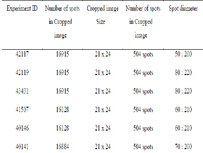 Table 1. The properties of the cropped microarray images  