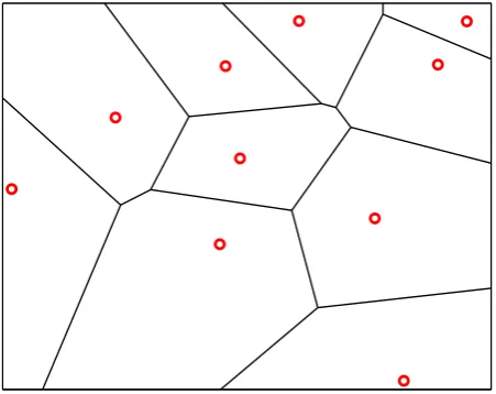 Figure 1.2: An example of the shape of Voronoi cells (• = base station).