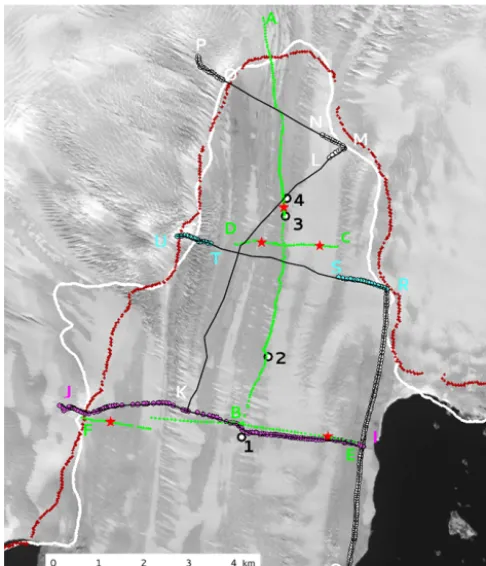 Figure 5. Ice–bedrock interface measured by GPR along proﬁles[QR] (A), [RU] (B) and [IJ] (C) of Fig