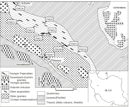 Figure 1.  Simplified geological map of the Borujerd complex, showing the location of analyzed samples