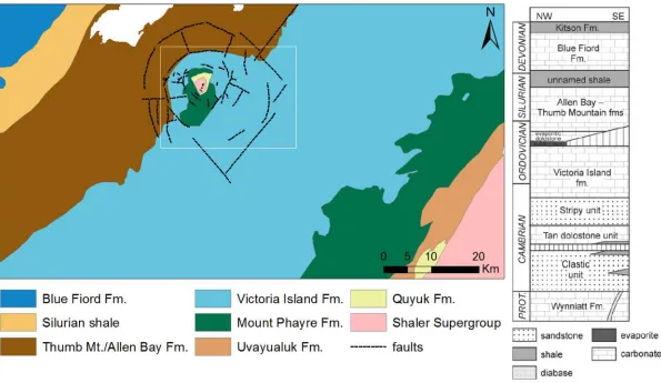 Figure 1.5. Simplified geological map of the Tunnunik impact structure and northwestern Victoria Island (left, modified from Dewing 
