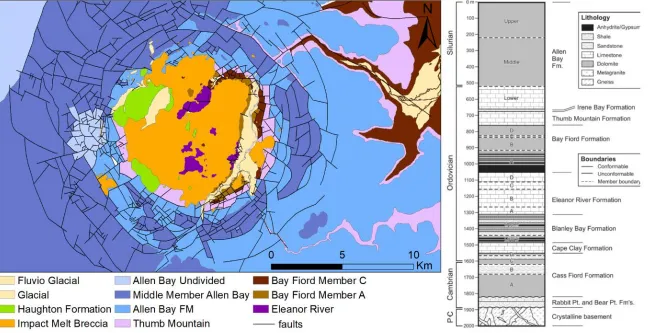 Figure 1.6. Simplified geological map of the Haughton impact structure (left, modified from Osinski et al