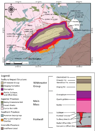 Figure 3-1: Geologic map of the Sudbury Igneous Complex and surrounding Superior 