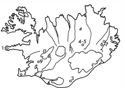 Fig. 2. Map of Iceland indicating the localities of analyzed basalts.  l.  Beruvikur­