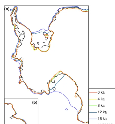 Figure 5. Surface elevation of the PD ice sheet (a) as modelled, (b) as observed (ALBMAP), and (c) the difference between (a) and (b).