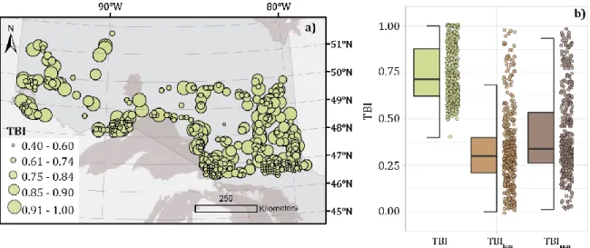 Figure 4. 2 The patterns of temporal beta-diversity metrics of breeding birds of Ontario  between 1981-1985 and 2001-2005; a) spatial pattern of temporal beta diversity index  (TBI) within 408 grids; b) distribution of TBI and the contribution of species l