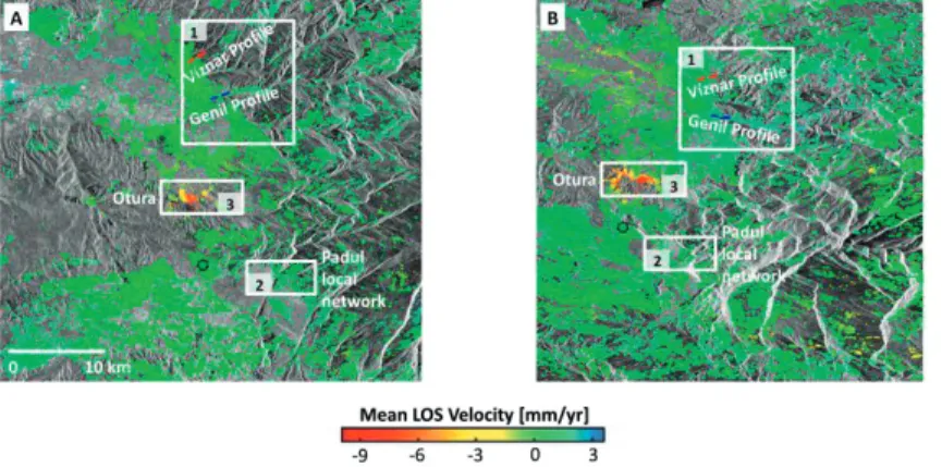 Fig. 6. StaMPS-MTI mean LOS velocity for ERS-1/2 (A) and   Envisat (B) stacks. A mean amplitude image is used as a background