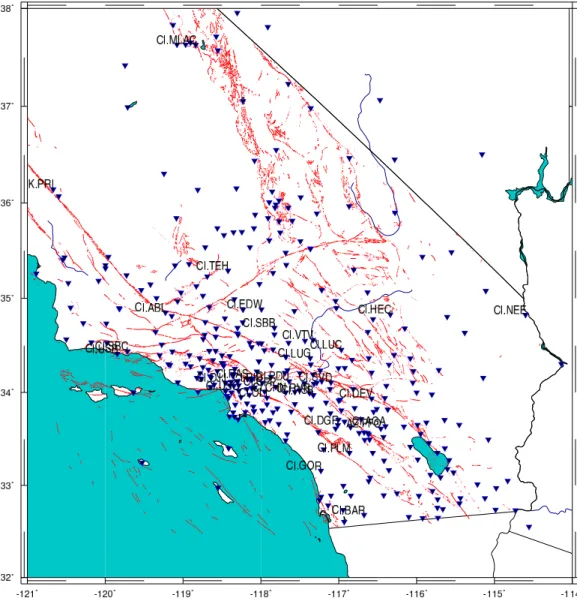 Figure 2.2: Southern California Seismic Network (SCSN) station map. Known faults are in light shade