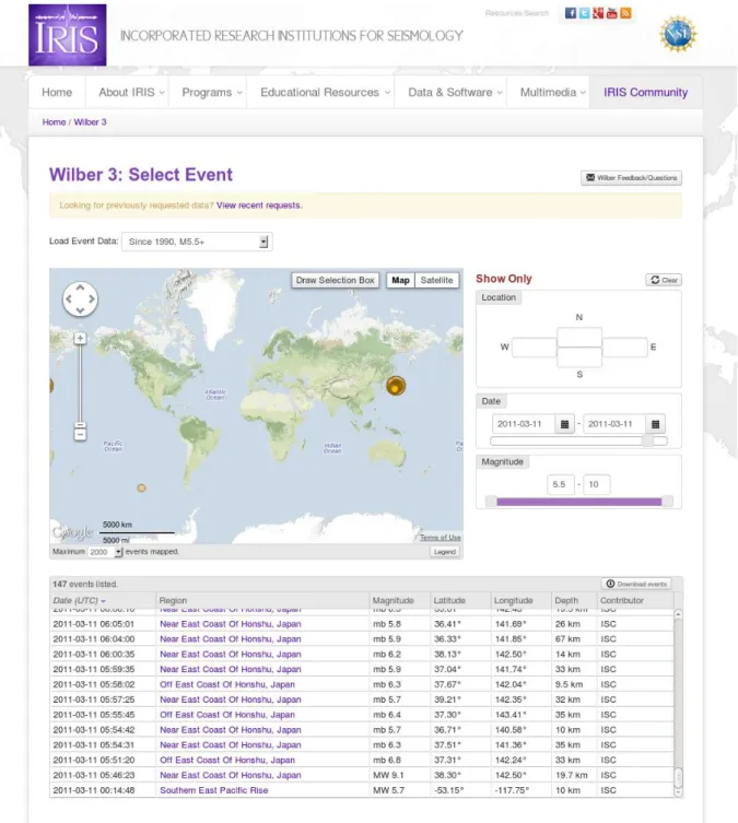 Figure 1  Selection of seismic events using the IRIS Wilber 3 interface 