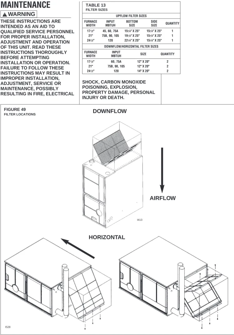 FIGURE 49 FILTER LOCATIONS         I528 HORIZONTAL       I413DOWNFLOWAIRFLOWHORIZONTALMAINTENANCE