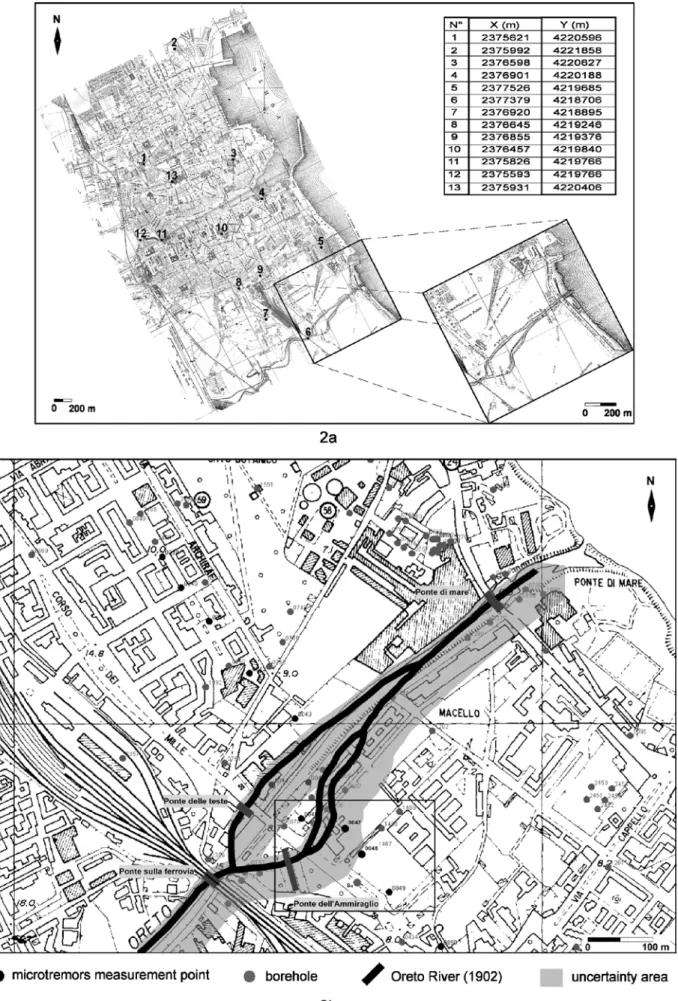 Fig. 2 - a) Geo-referred points displayed on 1902 Palermo map; b) Boreholes, ambient noise recordings sites and 1902 oreto river  course displayed on the 1994 official regional cartography 1:10 000 scale.