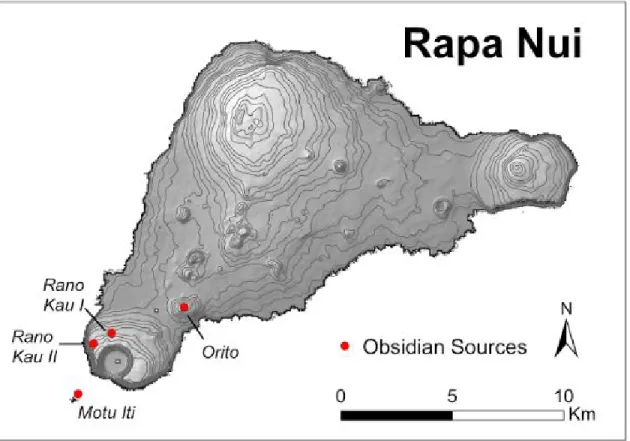 Figure 2: Topographic Map of Rapa Nui with Obsidian Sources (Created by  Robert DiNapoli)  