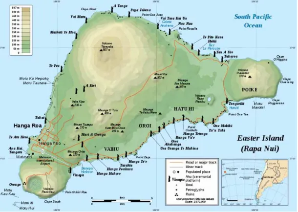Figure 1: Map of Rapa Nui showing basic topography and the major landmarks  Source: http://www.crystalinks.com/easterisland.html 