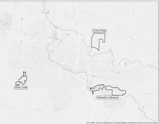 Figure 1 – Reference map of studied preservation sites at the scale of the Eugene Urban  Growth Boundary