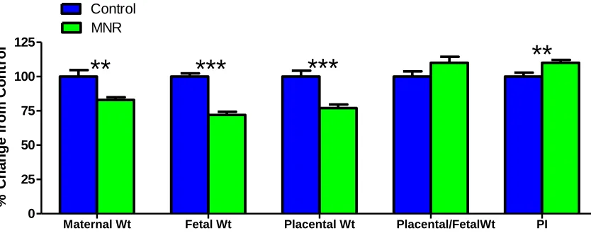Figure 4.5 Growth measures for all control (9 sows/31 fetuses) and MNR (12 sows/42 fetuses) animals