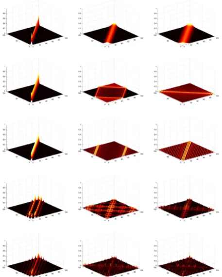 Fig. 1. Evolution with time (with 4 neighbour connectivity and Schr¨odinger operator for a 10t = 1, 25 and 100)