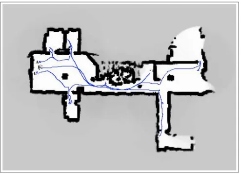 Figure 8: Map built by three autonomously exploring robots. The initial robot poses are on the left as marked by the letters A, B, and C.