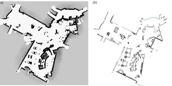 Figure 9: (a) Occupancy grid map and (b) architectural blueprint of a recently constructed building