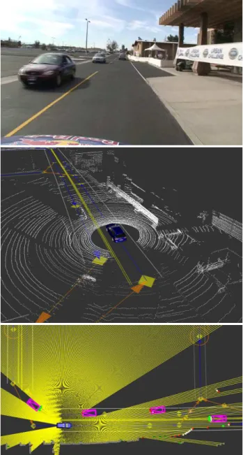 Fig. 11. Tracking results on course A at the UGC. (a) actual scene, (b) Velodyne data, (c) virtual scan and tracking results
