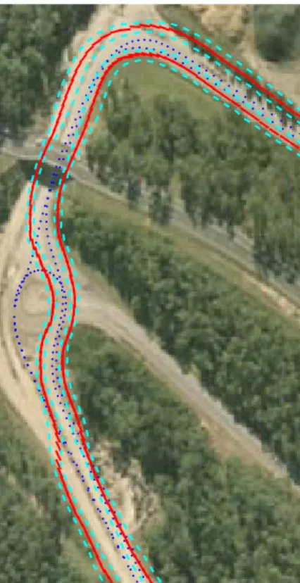Fig. 9. Estimated edges of the road describing the third curve found in Figure 7 along with the uncertainty area represented by cyan dashed lines.