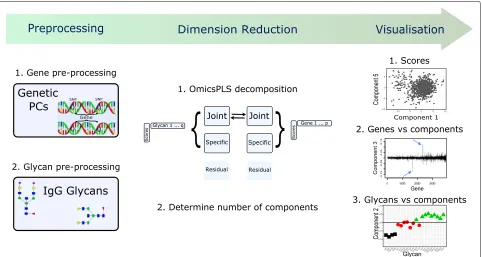 Fig. 1 Workflow of the OmicsPLS package. Firstly, each data set is pre-processed. Secondly, O2PLS is used to decompose each data set in joint,specific and residual parts