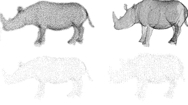 Fig. 5. Filtering quality using 10,000 points. GNG vs Voxel Grid comparison. Top Left: Noisy model σ = 0.4
