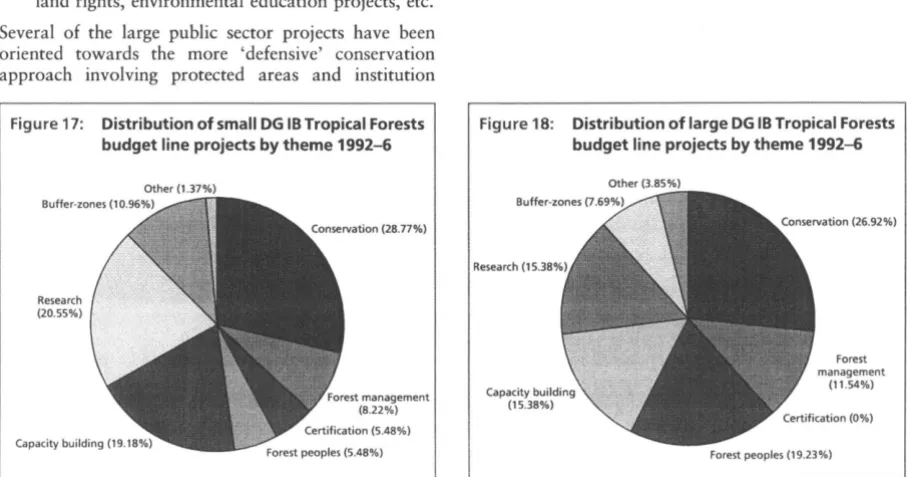Figure 17: Distribution of small DG IB Tropical Forests budget line projects by theme 1992-6 