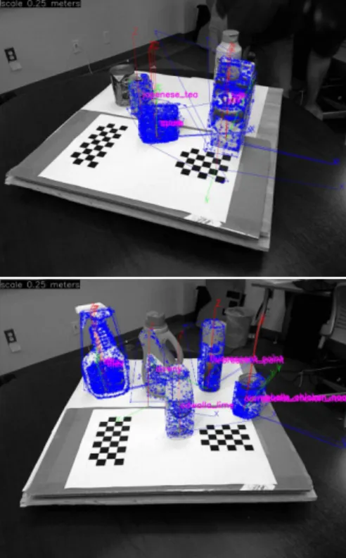 Figure 12. Two images of our textured obejct recognition with pose estimation. The blue features are the training features  super-imposed on the query image to indicate that the pose of the object was found properly