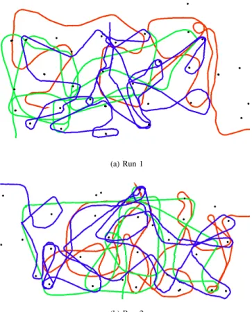 Fig. 7: Large-scale simulated scenario with 20 robot tra- tra-jectories (denoted by paths of violet triangles), line-of-sight blocking obstacles, and observable landmarks (denoted with green circles)