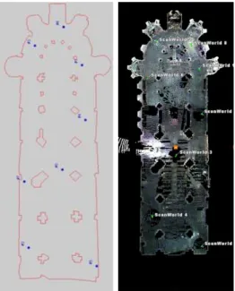 Fig. 3. On the left is the 2-D map of Saint Menoux’s interior. Also shown are the 8 scan locations determined by the initial two-dimensional view planner using a grazing angle constraint of 70 o 