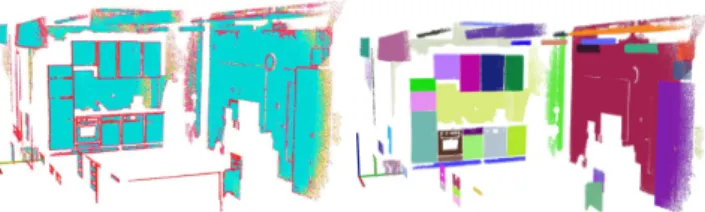 Fig. 8. Left: vertical planar areas shown with their estimated boundary points (marked with red); right: the resultant filtered regions after  segmen-tation