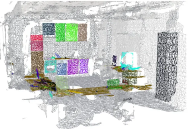 Fig. 14. Surface reconstruction example with mesh decoupling for all furniture candidates and objects supported by planar areas.