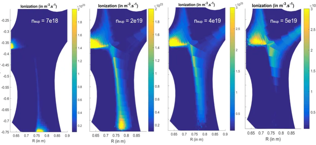 Figure 3: Ionization source contours for simulations at three diﬀerent upstream densities (in m−3).