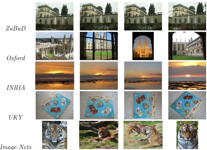 Figure 2: Limitations with popular data sets in computer vision. The left most image in each row is the database image, and the other 3 images are query images