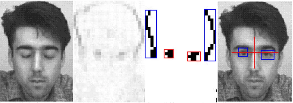Figure 6. A blink face image with the low resolution difference, bounding boxes of changed regions, and detected face position.