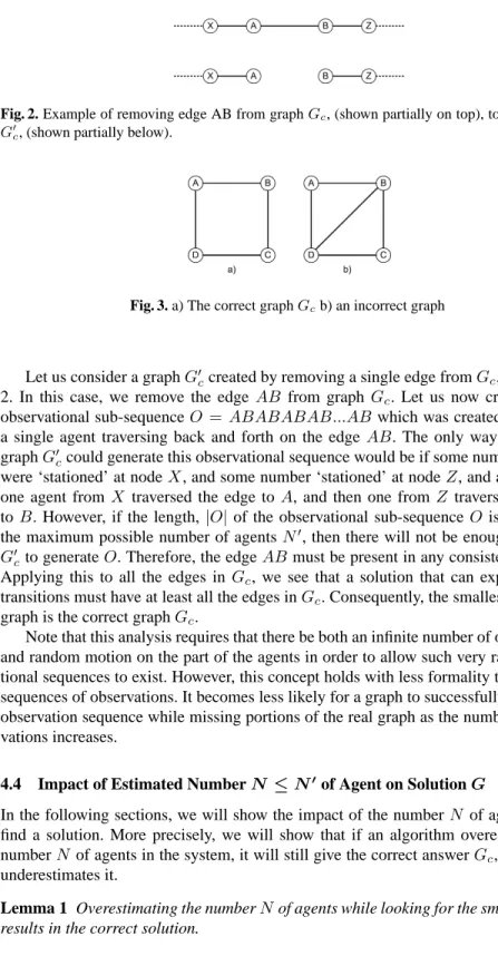 Fig. 2. Example of removing edge AB from graph G c , (shown partially on top), to create graph G ′ c , (shown partially below).