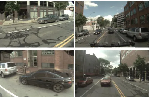 Figure 5: A scene from the urban driving data set. Starting with the image in the top left and going clockwise, they are captured with left-, forward-, right-, and rear-facing cameras mounted on the vehicle.