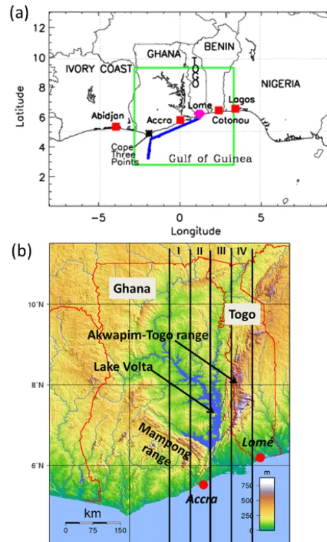 Figure 1. (a) Map of southern West Africa with the location of themain landmarks (e.g