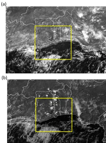 Figure 2. SEVIRI visible images of SWA on 2 July atThe yellow thick box represents the domain of the 2 km WRF simulation as in Fig