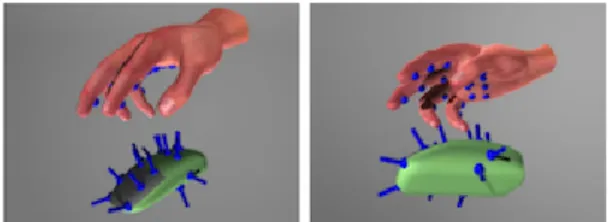 Figure 13: Three grasp candidates for a cup represented by two local patches and their major gradient as well as their connecting line