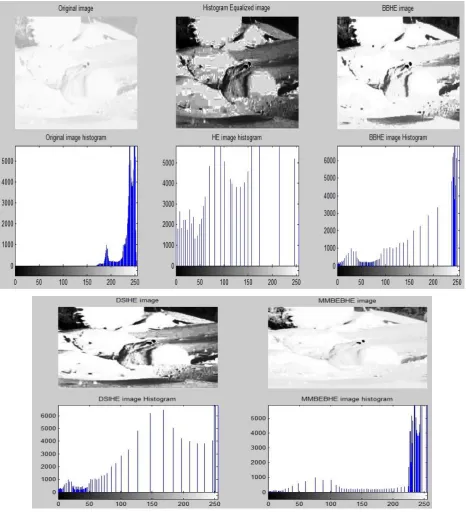 Fig 2 :   Shows the Images and Histograms of Original Image Ice and comparative results of HE, BBHE, DSIHE and MMBEBHE Image