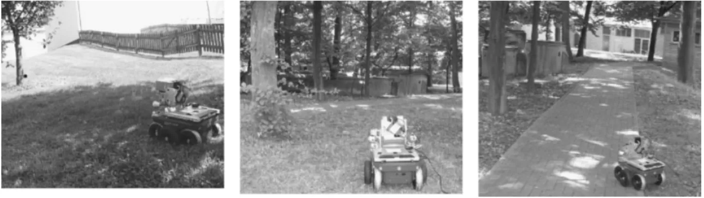 Figure 8. Kurt3D in a natural environment. Left to right: lawn, forest track, pavement.
