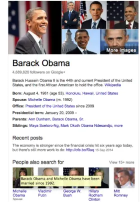 Figure 1: Part of Google’s search result page forthe query “barack obama”. When hovering overthe related entity “Michelle Obama”, an explana-tion of the relationship between her and “BarackObama” is shown.
