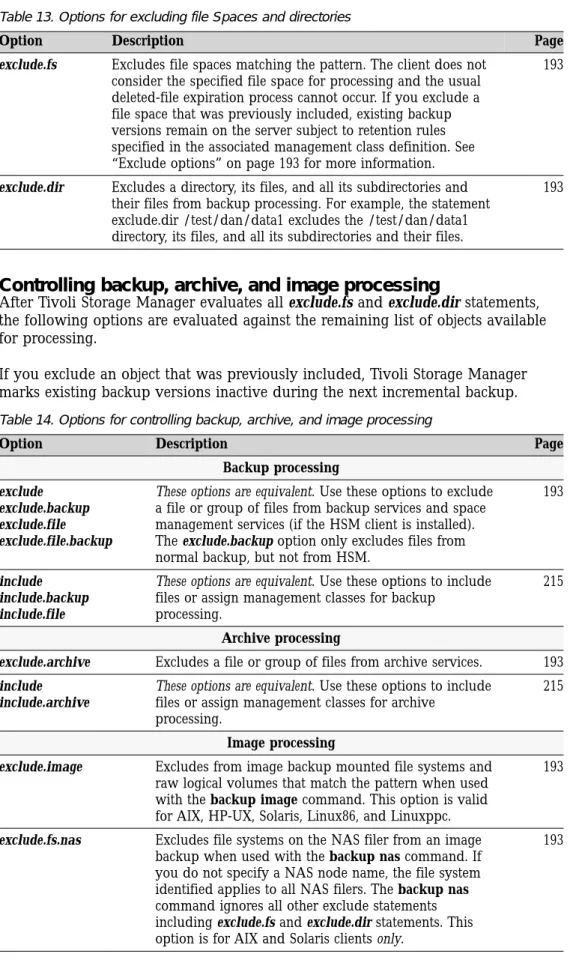 Table 13. Options for excluding file Spaces and directories
