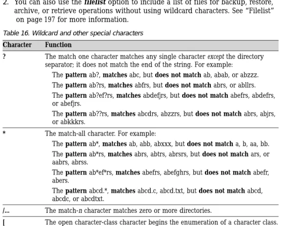 Table 16. Wildcard and other special characters