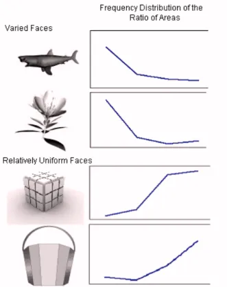 Figure 2.   Shown are 3D objects and the graphs of their respective area  ratio frequency distributions