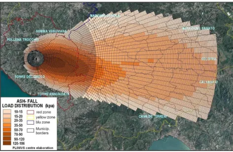 Figure  9  shows  the  assumed  ashfall  distribution  over  the  territory  at  the  end  of  Phase  1,  with  contours  of  increasing  depth  and  ashfall  roof  load