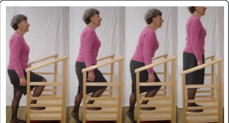 Figure 1 The standardised maximal step-up test (MST)-instructions to subject. First picture: after start position seen in thefirst picture, “go up as high as possible on the floor foot, stand stilland find your balance”